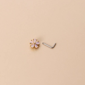 Clou de nez en L en acier inoxydable avec fleur et zircons violets en forme de goutte