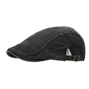 Vintage washed black denim newsboy cap for men and women with adjustable side metal buckle