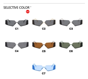 Detailed catalog showing seven color options for futuristic rimless Y2K sunglasses