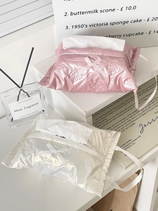 Quilted waterproof tissue box covers with bow patterns in pink and beige silk-like finish