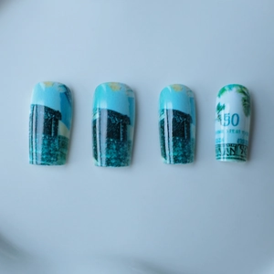Hawaiian style long square press-on nails with tropical palm trees and vintage motifs