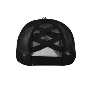 Detail of black mesh ponytail baseball cap with elastic X-shaped criss-cross back design