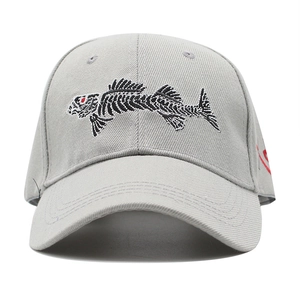 Close-up of 3D fish bone embroidery on a grey baseball cap with high-quality stitching