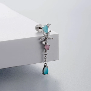 Silver titanium steel ear stud with flower zircon and blue water drop pendant