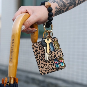 Silicone bead wristlet keychain with leopard print PU leather card holder and key ring