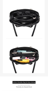 Detail view of the black handbag internal compartments for iPad and daily essentials