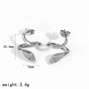 Detailed view of silver snake-shaped earrings with white crystals and size measurements