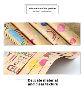 Detail of Happy Birthday kraft wrapping paper showing rainbow and balloon patterns