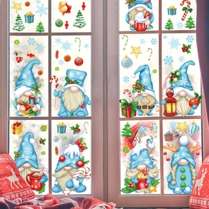 Blue Christmas gnome static window stickers with snowflakes and gift box decorations