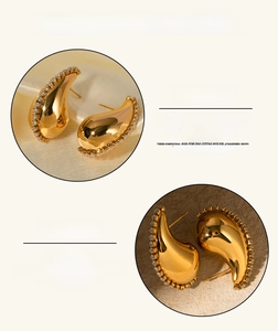 Detail of 18K gold plated teardrop earrings with zircon inlay and mirror finish