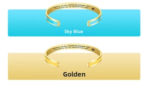 Detail of blue and gold crown bangles with inspirational Mother Daughter engraving