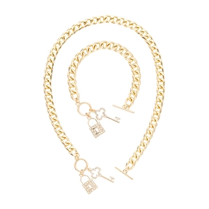Golden Cuban chain jewelry set with rhinestone lock and key charms and OT toggle clasp