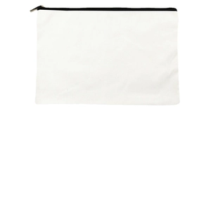 White canvas makeup organizer bag with black metal zipper on a clean white background