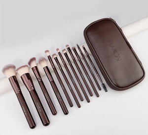 Detail of 12-piece brown makeup brush set with soft gradient bristles and PU leather pouch