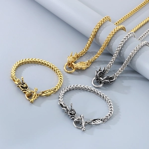 Punk dragon head stainless steel necklace and bracelet set in gold and silver