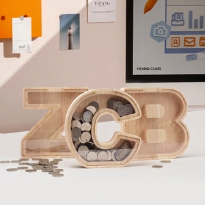 Handcrafted letter-shaped wooden piggy banks Z, C, B with clear acrylic panels