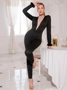 Chic black long sleeve bodysuit with mesh patchwork and faux fur trim details