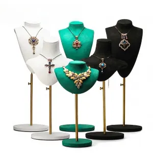 Adjustable mannequin necklace stands in velvet black, white, and green with gold metal bases