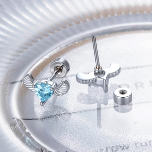 Silver angel wing heart zircon stud earrings with screw back closure and blue gemstones