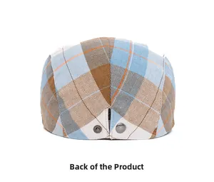 Rear view of British style plaid flat cap with herringbone texture and metal buckle