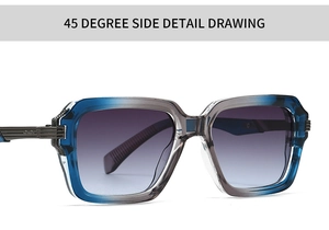 Detail of square pilot sunglasses featuring blue-grey gradient frame and metal temple accents