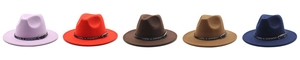Row of colorful wool felt fedora hats with faux snakeskin belts and metal buckles