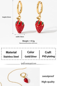 Detail of 35mm strawberry hoop earrings in stainless steel with PVD gold plating