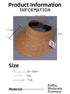 Detailed dimensions of raffia straw sun hat with measurements and UV protection tag