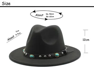 Size chart for black wool fedora with turquoise belt showing dimensions and head size