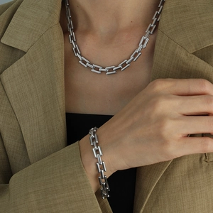 Modern silver chunky chain necklace and bracelet set in polished stainless steel finish