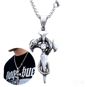 Snake Wrapped Cross Pendant Necklace Stainless Steel White Cubic Zirconia Gothic Punk Retro Silver Jewelry For Men