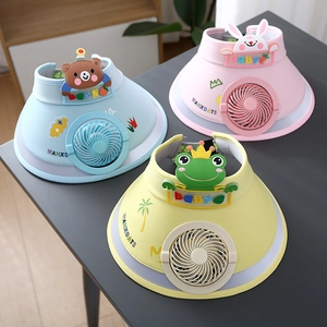 Detailed top view of kids sun visors with built-in fans in blue, pink, and yellow colors