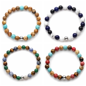 Natural Stone Beaded Bracelet Tiger Eye Lapis Lazuli Handmade Elastic Bohemian Style Jewelry Men Women Steel Bead