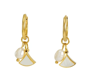 Detail of gold hoop earrings featuring a white pearl and a fan-shaped shell charm