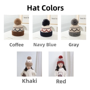 Detail view of colorful knitted beanies for kids with pom-poms and five color options