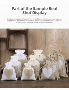 Linen drawstring jewelry pouches with heart patches in multiple sizes and colors