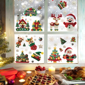 Christmas Window Clings PVC Static Stickers Crochet Knit Texture Santa Snowman Reindeer For Glass Door Home Festive Decor