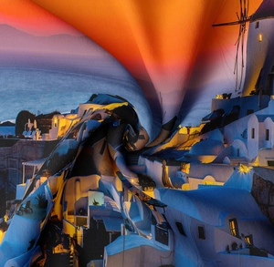 Detailed fabric texture of Santorini sunset tapestry with blue domes and sunset colors