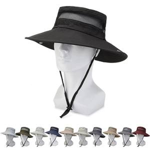Outdoor Sun Hat Wide Brim Breathable Mesh Quick Dry Polyester Adjustable Wind Rope Fishing Hiking Boonie Bucket Hat Men