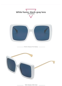 Front and side detail of white square sunglasses with premium gold metal temples