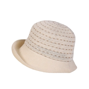 Elegant beige linen knit bucket hat with a narrow rolled brim for summer sun protection