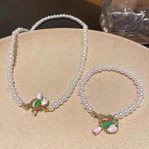 Faux Artificial Pearl Necklace And Bracelet Tulip Flower Pendant Alloy OT Buckle Enamel French Style Elegant Jewelry For Women