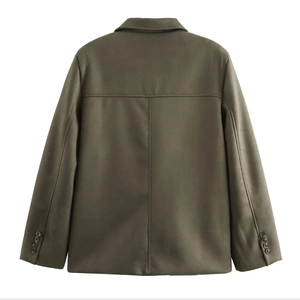 Detailed back view of olive green faux suede jacket featuring symmetric stitching and cuff buttons