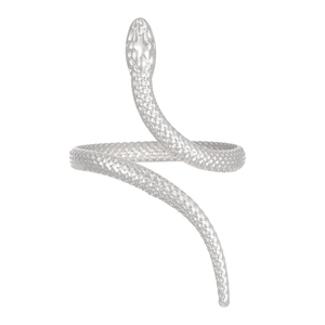 Macro detail of silver snake ring featuring realistic scale texture and adjustable open band