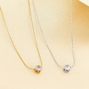 Elegant Stainless Steel Pendant Necklace With Round Cubic Zirconia Six-Prong Setting Luxury Minimalist Jewelry For Women
