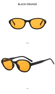 Front and side view of retro oval sunglasses with black frames and orange lenses