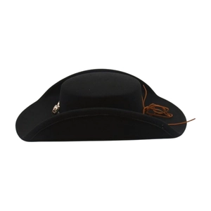 Detail of black felt fedora featuring silver metal buckle and brown leather cord accent