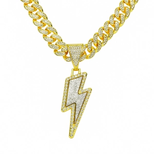Hip Hop Alloy Rhinestone Lightning Bolt Pendant Necklace Men Iced Out Cuban Chain Gold Silver Plated Jewelry Gift For Party