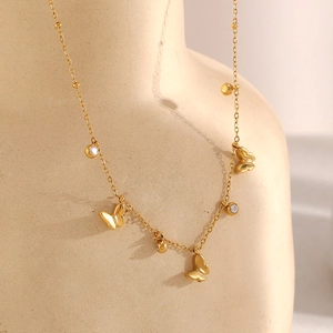 Butterfly Zircon Pendant Necklace Stainless Steel 18K Gold Plated Bead Chain Chic Jewelry For Women