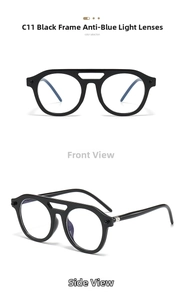 Detail view of black round frame glasses with double bridge and anti-blue light lenses